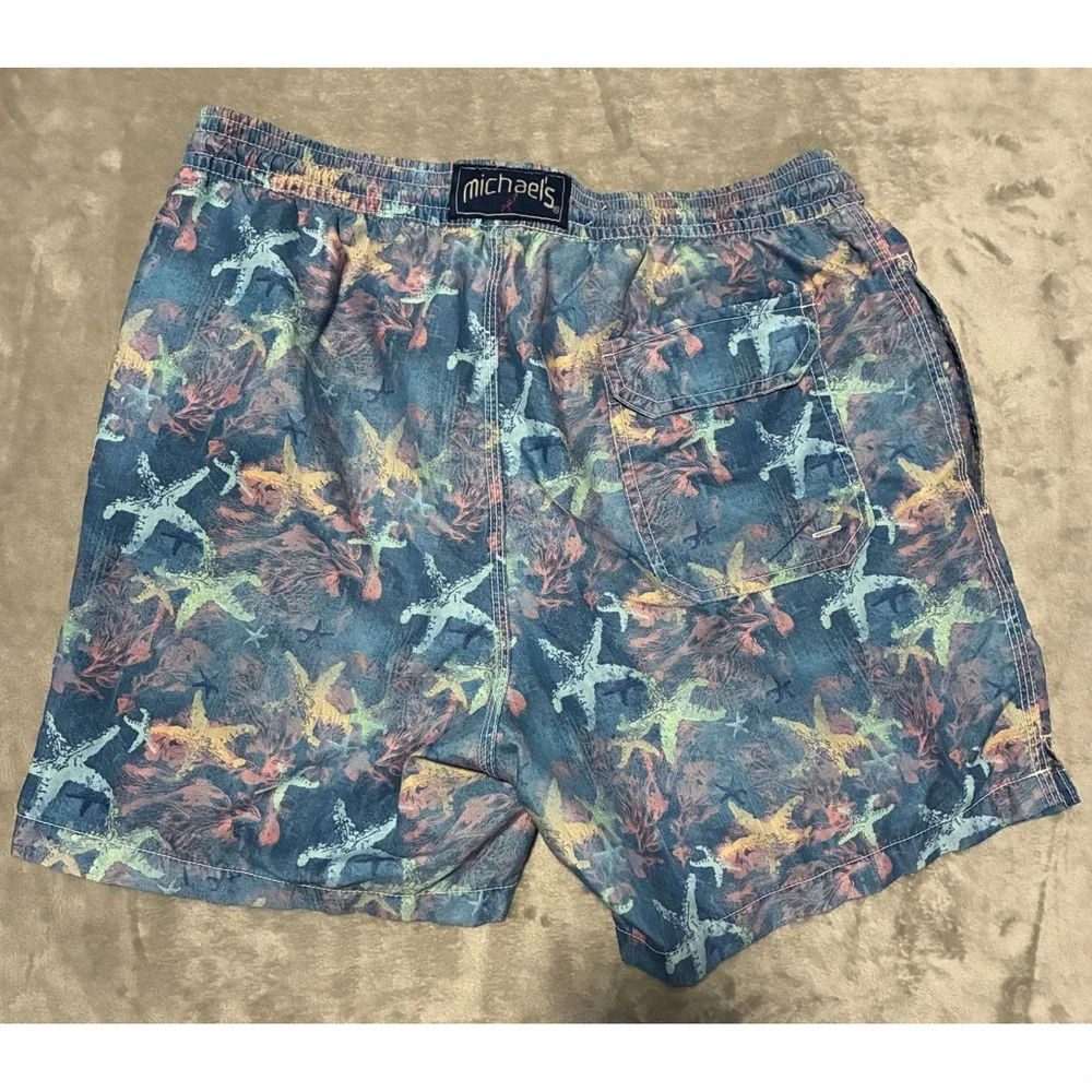 Michaels Mens Starfish Coral Print Swim Trunks Blue Pink Size Large Board Shorts